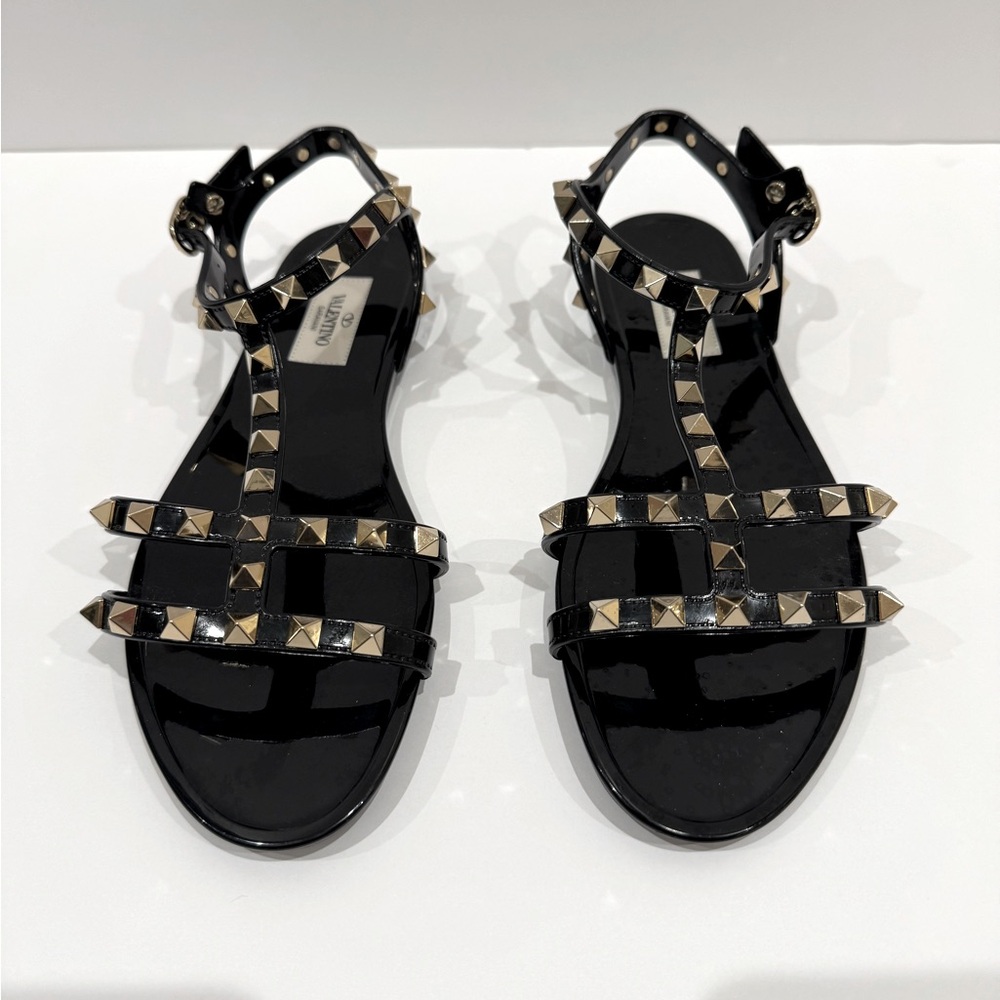Valentino Black Patent Rockstud Strappy Sandals with Gold Studs